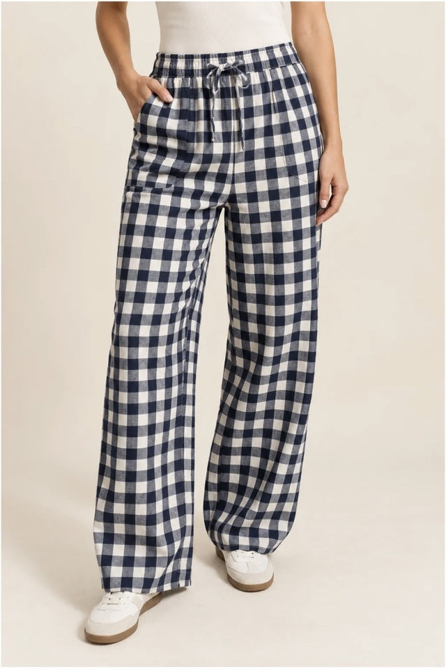 Blue gingham tie waist wide leg pants