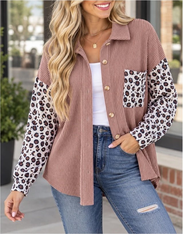 Brown Leopard Ribbed Casual Shacket