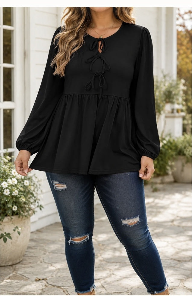 Black bow tie peplum blouse