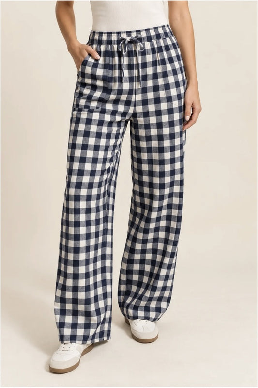 Blue gingham tie waist wide leg pants