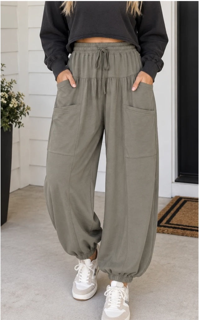 Olive elastic waist wide leg pants with pockets