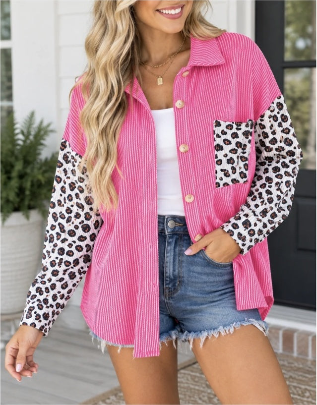 Pink Leopard Ribbed Casual Shacket