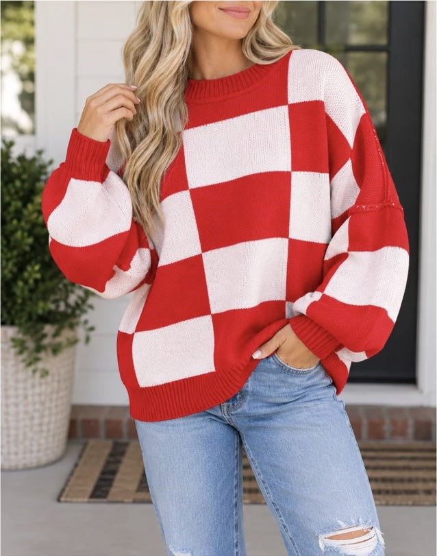 Red and white checkered preorder sweater