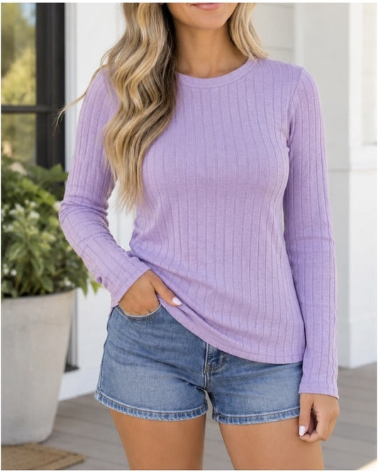 Lavender ribbed texture casual long sleeve top
