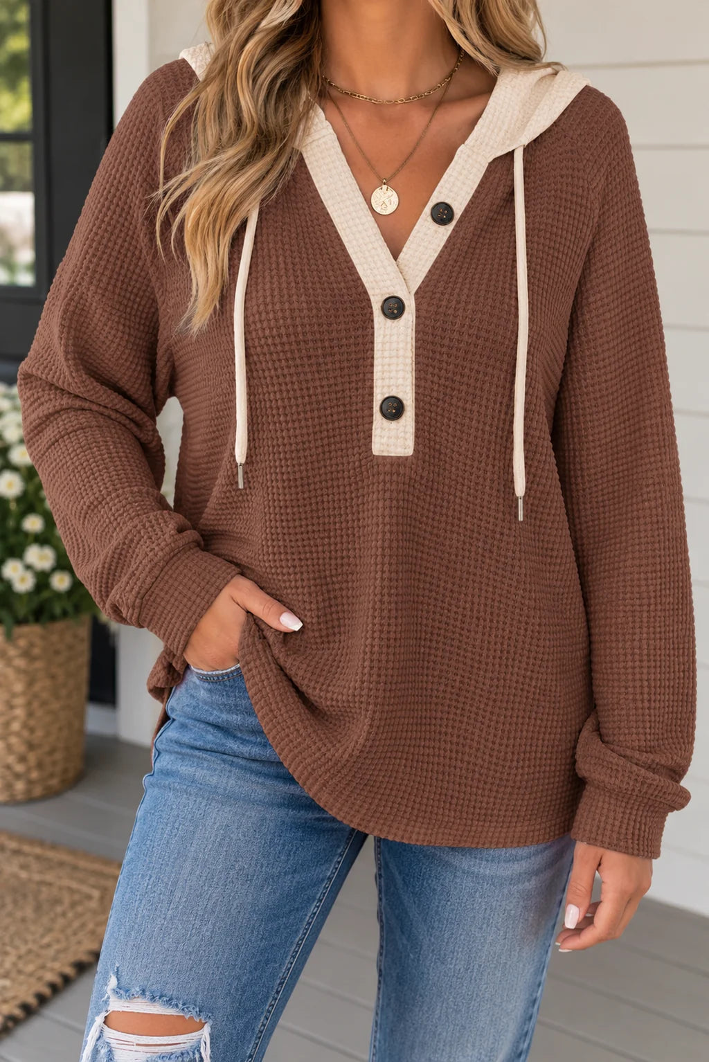 Brown Waffle Buttoned Pullover Top