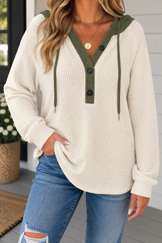 White Waffle Buttoned Pullover Top